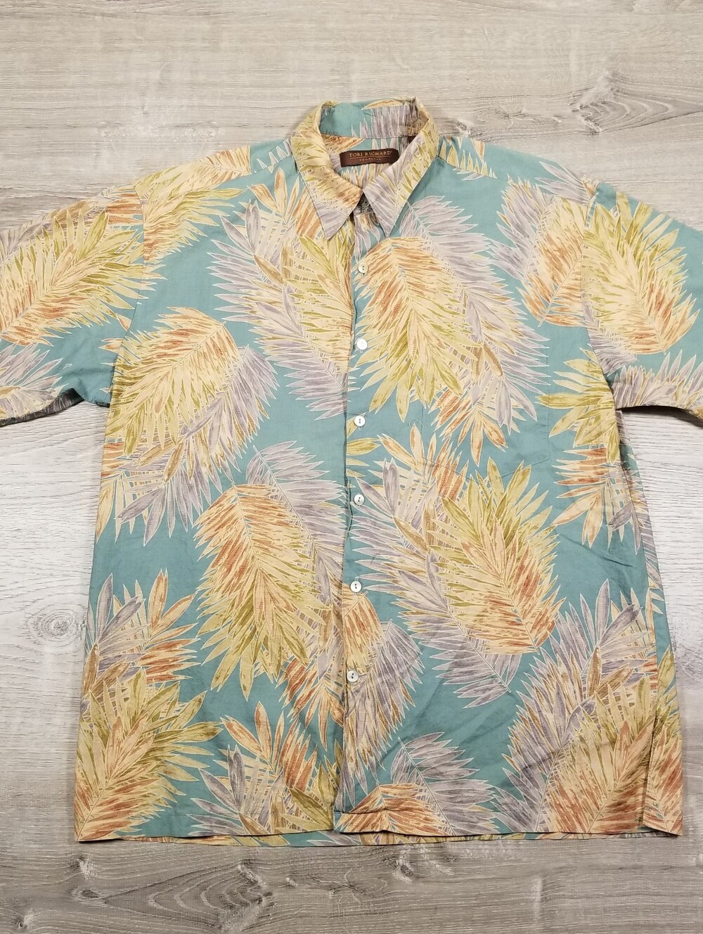 Tori Richard Mens L Blue Hawaiian Aloha Shirt Button Up S/S Tropical Foliage